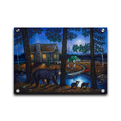 A painting of a mother bear and her two children walking through the woods. There is a cabin in thre background, its windows emitting a gentle warm light in the night. Printed on acrylic.