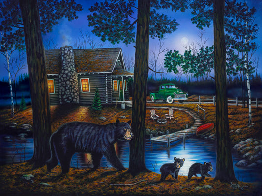 A painting of a mother bear and her two children walking through the woods. There is a cabin in the background, its windows emitting a gentle warm light in the night.