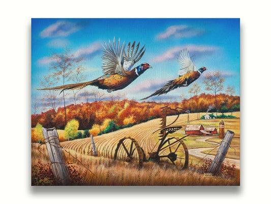 A painting of two pheasants taking flight over a fall wheat field. Printed on canvas.