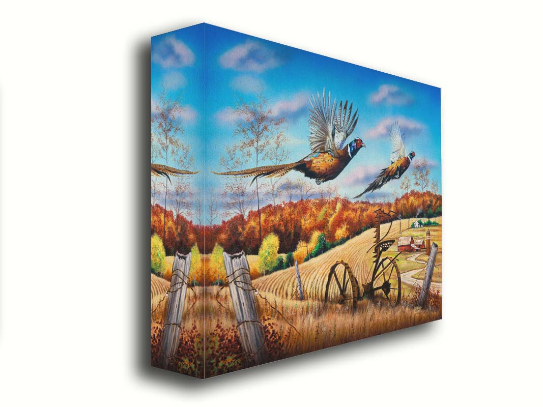 A painting of two pheasants taking flight over a fall wheat field. Printed on canvas.