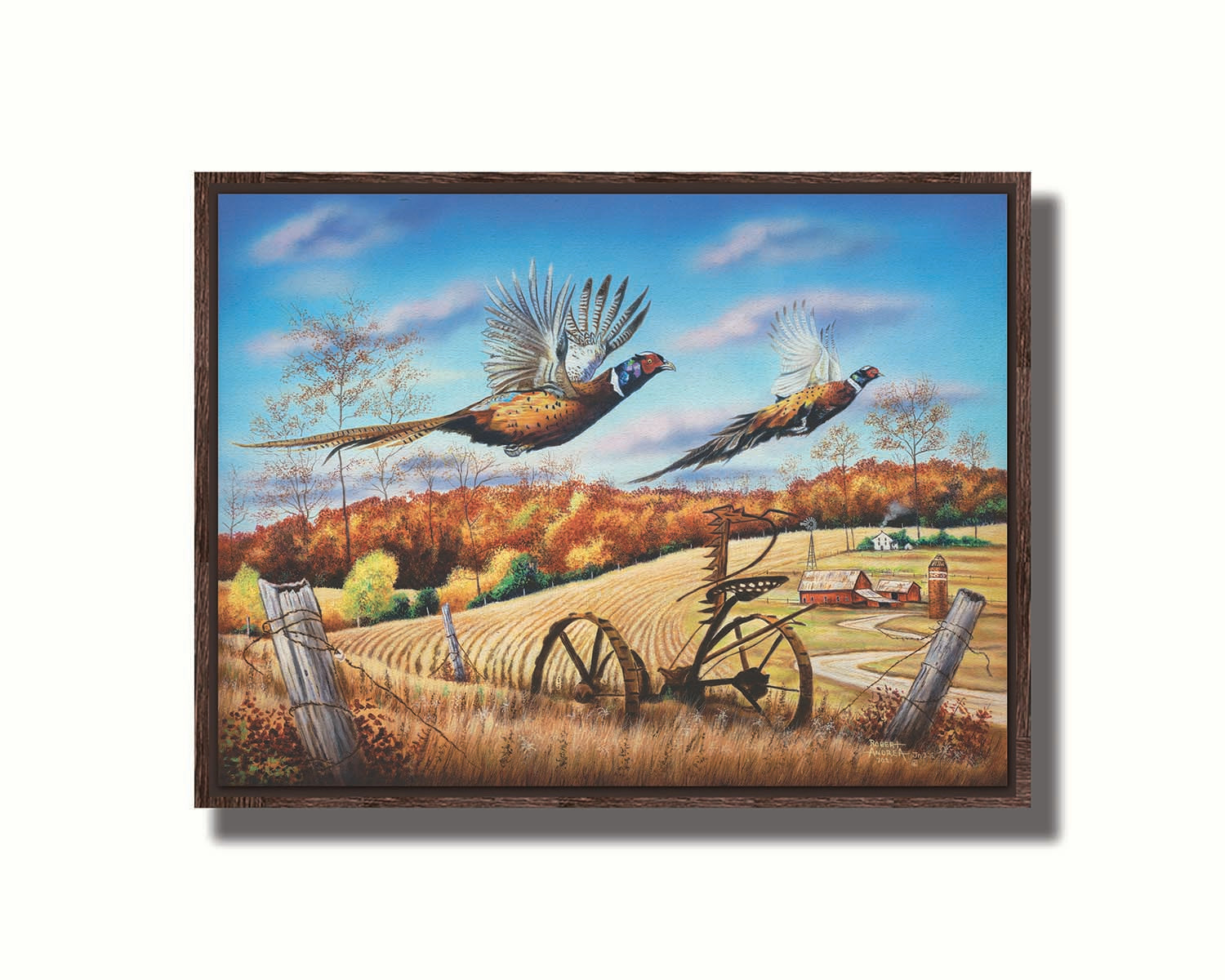 A painting of two pheasants taking flight over a fall wheat field. Printed on canvas in a float frame.