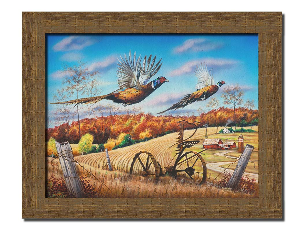 A painting of two pheasants taking flight over a fall wheat field. Printed on canvas and framed.