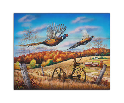 A painting of two pheasants taking flight over a fall wheat field. Printed on a box board.