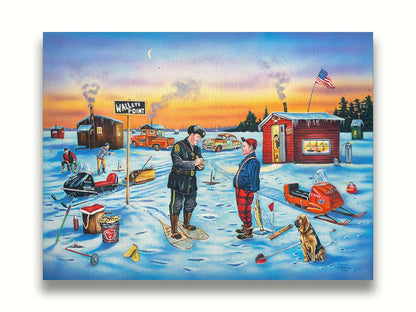 A painting of a police officer writing an ice fisherman a ticket as the sun sets. In the distance, other fishermen laugh at the situation. Printed on canvas.