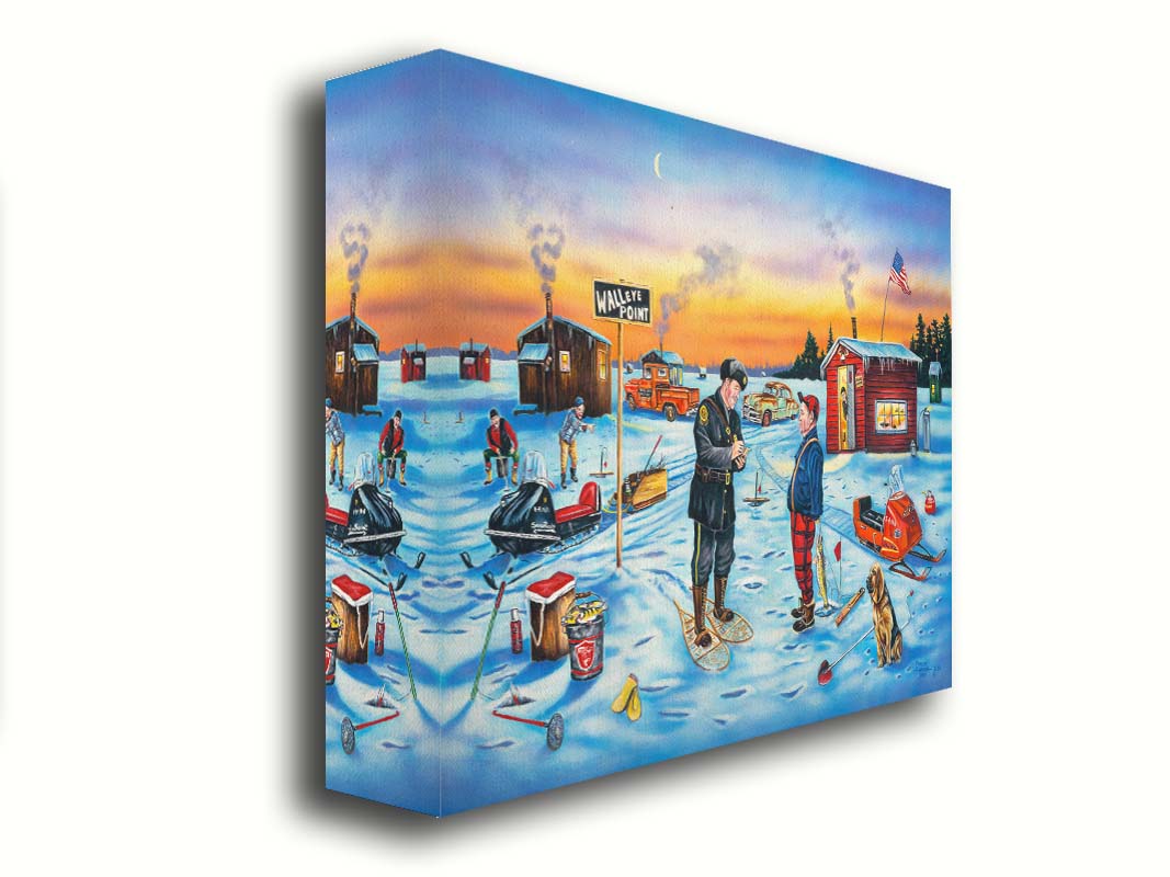 A painting of a police officer writing an ice fisherman a ticket as the sun sets. In the distance, other fishermen laugh at the situation. Printed on canvas.