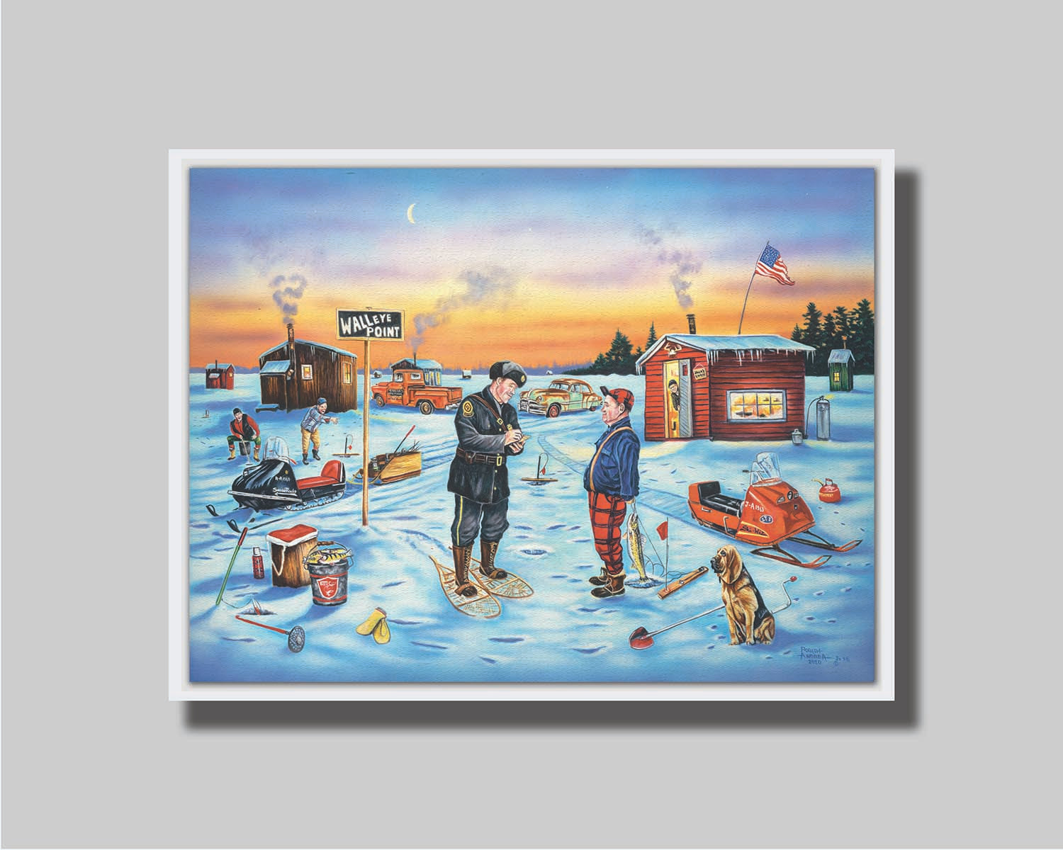 A painting of a police officer writing an ice fisherman a ticket as the sun sets. In the distance, other fishermen laugh at the situation. Printed on canvas in a float frame.