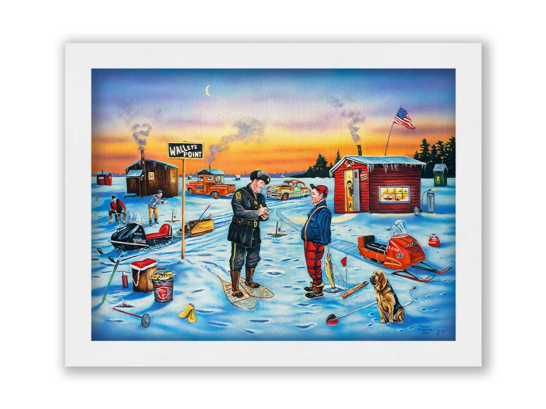 A painting of a police officer writing an ice fisherman a ticket as the sun sets. In the distance, other fishermen laugh at the situation. Printed on canvas and framed.