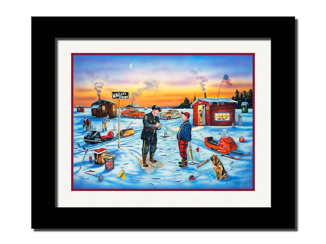 A painting of a police officer writing an ice fisherman a ticket as the sun sets. In the distance, other fishermen laugh at the situation. Printed on paper, matted, and framed.