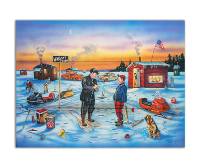 A painting of a police officer writing an ice fisherman a ticket as the sun sets. In the distance, other fishermen laugh at the situation. Printed on a box board.