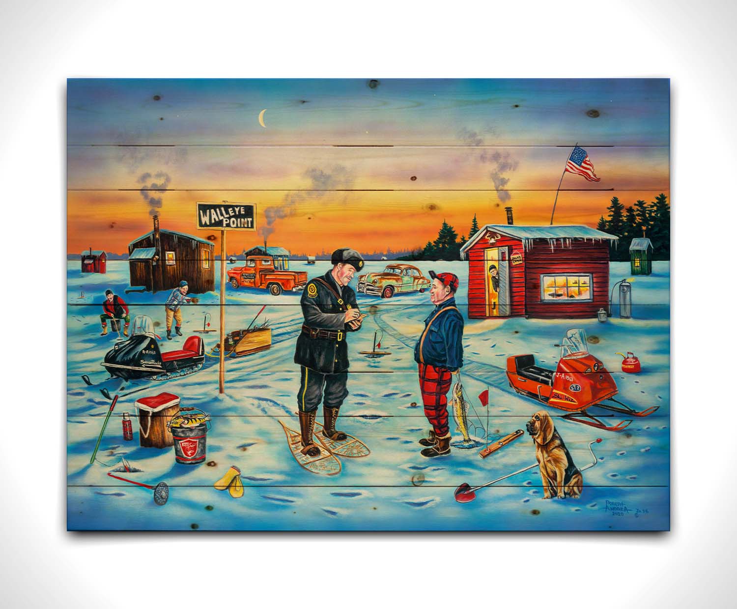 A painting of a police officer writing an ice fisherman a ticket as the sun sets. In the distance, other fishermen laugh at the situation. Printed on a wood pallet.