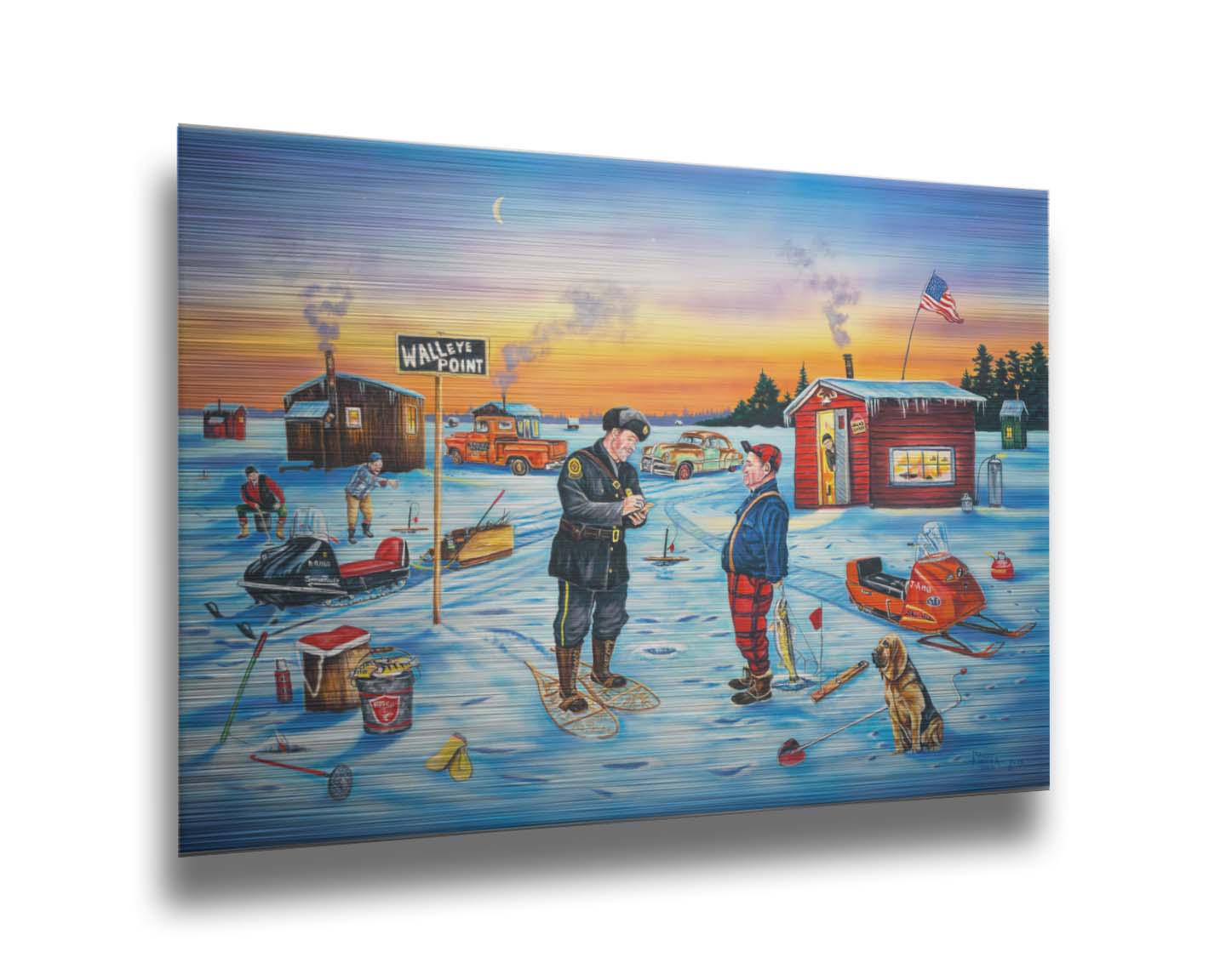 A painting of a police officer writing an ice fisherman a ticket as the sun sets. In the distance, other fishermen laugh at the situation. Printed on metal.