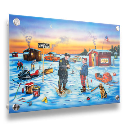 A painting of a police officer writing an ice fisherman a ticket as the sun sets. In the distance, other fishermen laugh at the situation. Printed on acrylic.