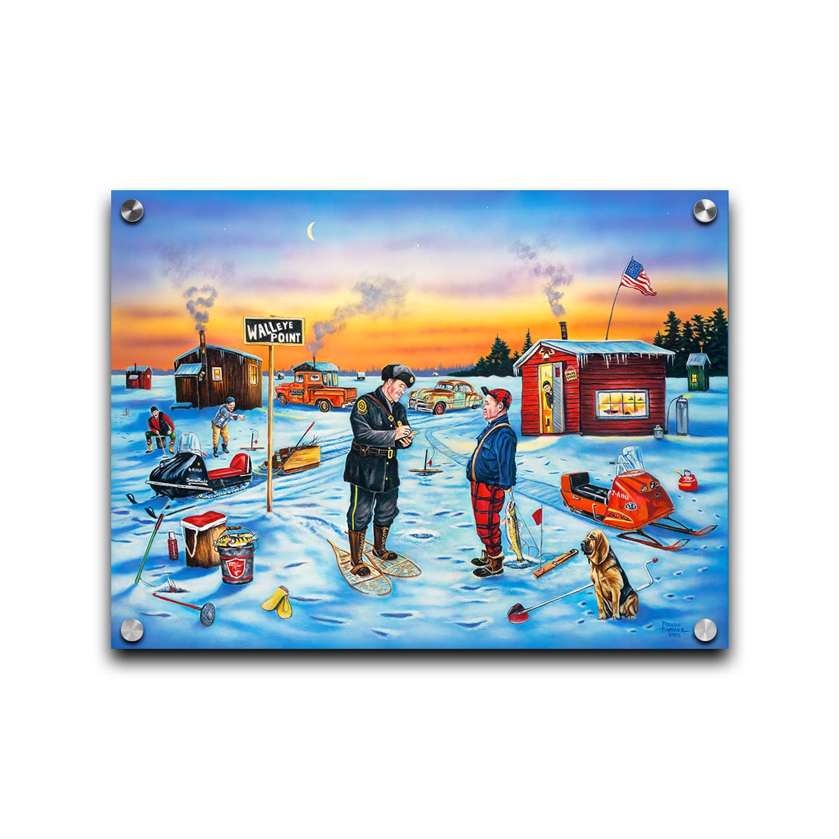 A painting of a police officer writing an ice fisherman a ticket as the sun sets. In the distance, other fishermen laugh at the situation. Printed on acrylic.