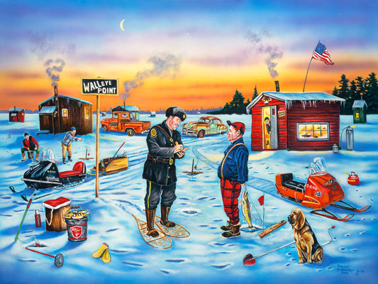 A painting of a police officer writing an ice fisherman a ticket as the sun sets. In the distance, other fishermen laugh at the situation.