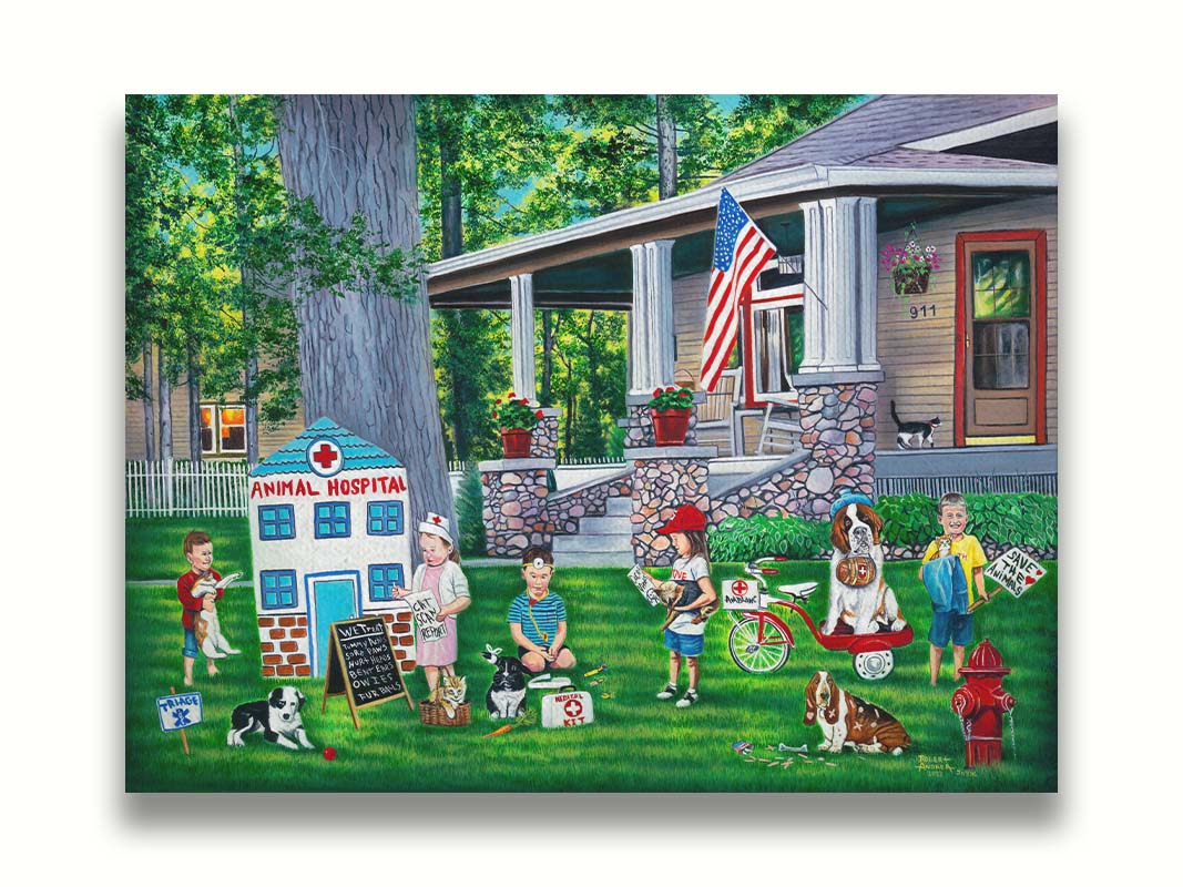 Painting of a group of children playing veterinarian in the yard of a home. Printed on canvas.