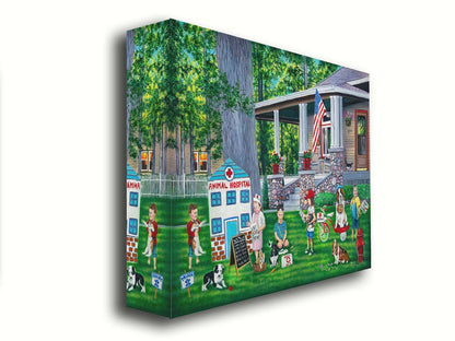 Painting of a group of children playing veterinarian in the yard of a home. Printed on canvas.