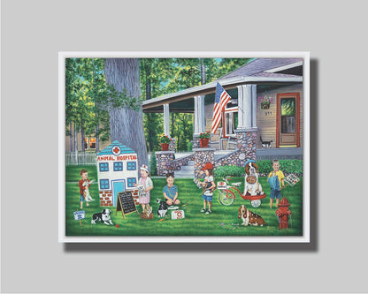 Painting of a group of children playing veterinarian in the yard of a home. Printed on canvas in a float frame.