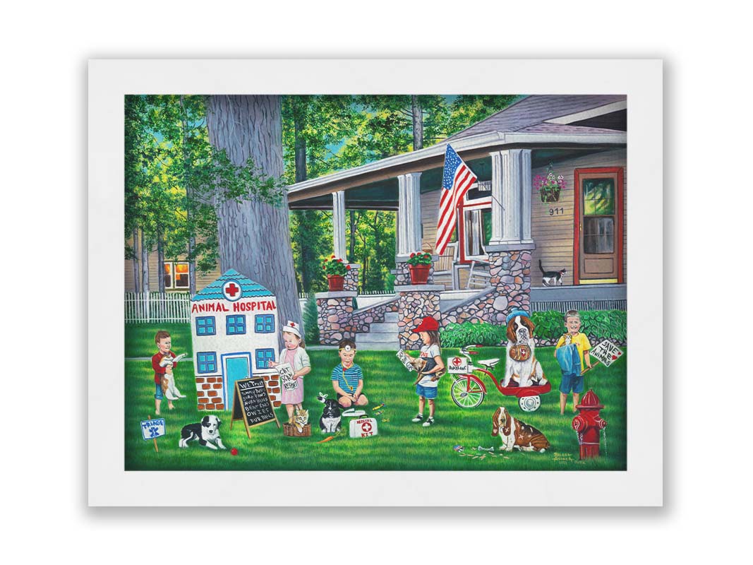 Painting of a group of children playing veterinarian in the yard of a home. Printed on canvas and framed.