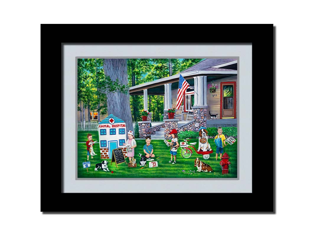 Painting of a group of children playing veterinarian in the yard of a home. Printed on paper, matted, and framed.