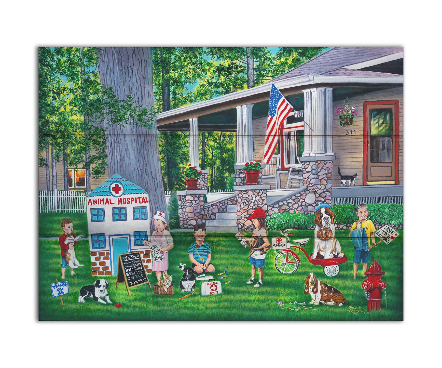 Painting of a group of children playing veterinarian in the yard of a home. Printed on a box board.