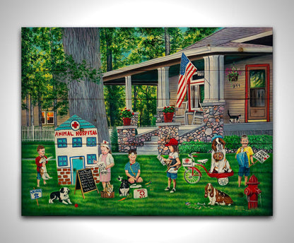 Painting of a group of children playing veterinarian in the yard of a home. Printed on a wood pallet.