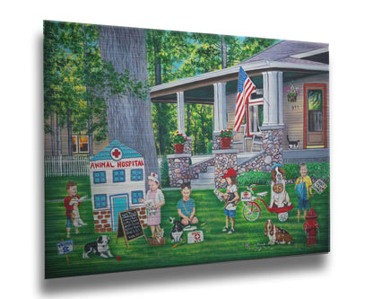 Painting of a group of children playing veterinarian in the yard of a home. Printed on metal.