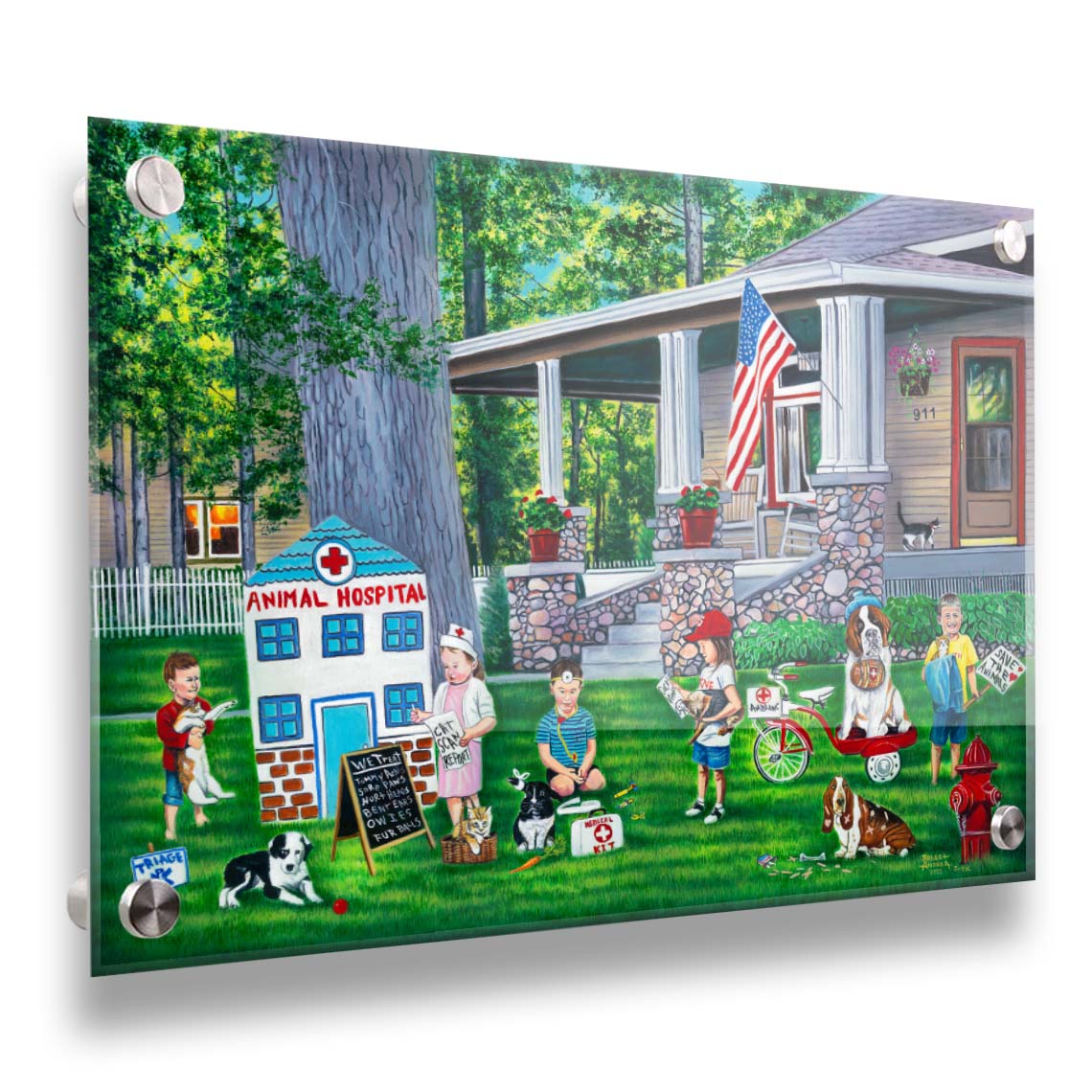 Painting of a group of children playing veterinarian in the yard of a home. Printed on acrylic.