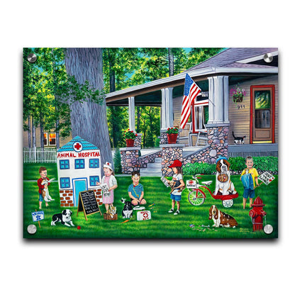 Painting of a group of children playing veterinarian in the yard of a home. Printed on acrylic.