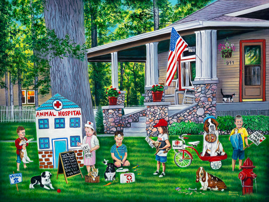 Painting of a group of children playing veterinarian in the yard of a home.