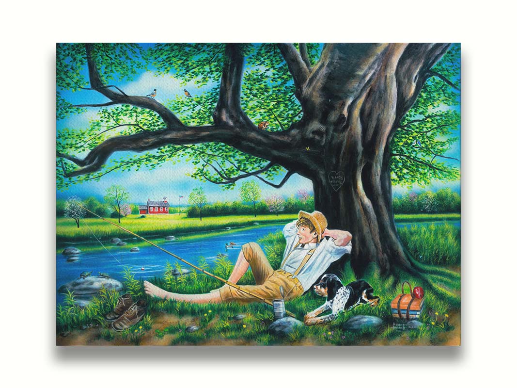 A painting of a boy relaxing during his spring break, lying against a tree while fishing with his dog. Printed on canvas.