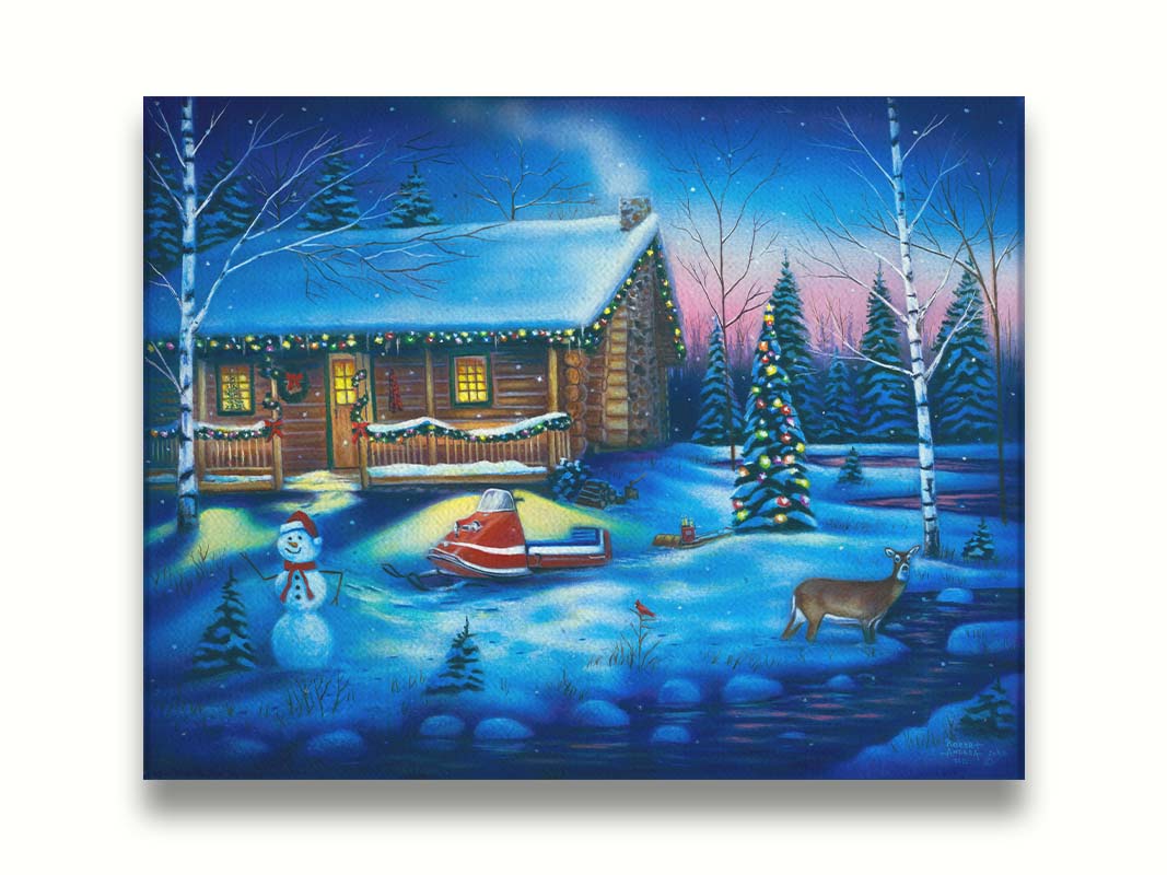 A painting of a snowy cabin decorated with Christmas lights. A deer treks through the snow in the yard, past a snowman to a stream. Printed on canvas.