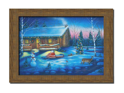 A painting of a snowy cabin decorated with Christmas lights. A deer treks through the snow in the yard, past a snowman to a stream. Printed on canvas and framed.