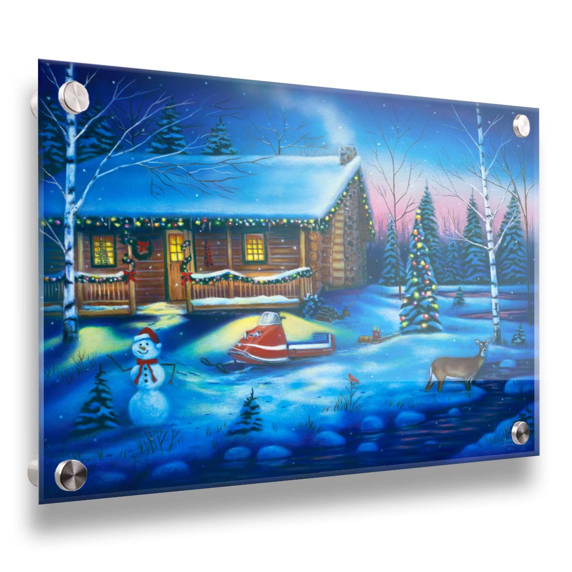 A painting of a snowy cabin decorated with Christmas lights. A deer treks through the snow in the yard, past a snowman to a stream. Printed on acrylic.