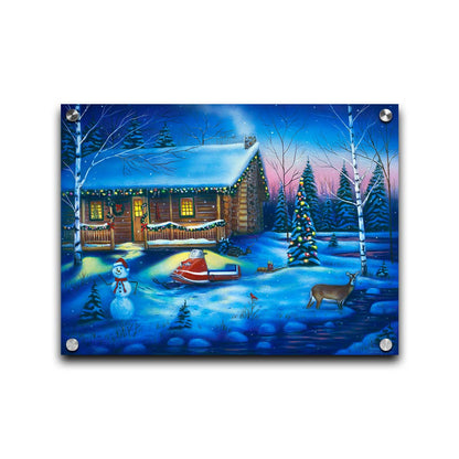 A painting of a snowy cabin decorated with Christmas lights. A deer treks through the snow in the yard, past a snowman to a stream. Printed on acrylic.