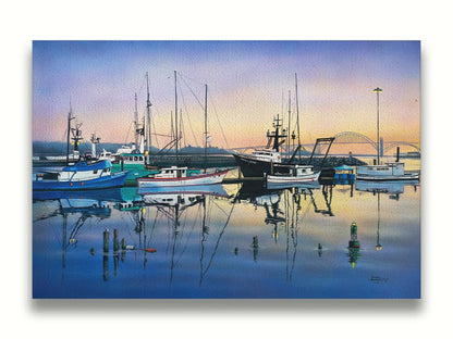 A painting of a harbor with boats docked peacefully by the ocean. Printed on canvas.