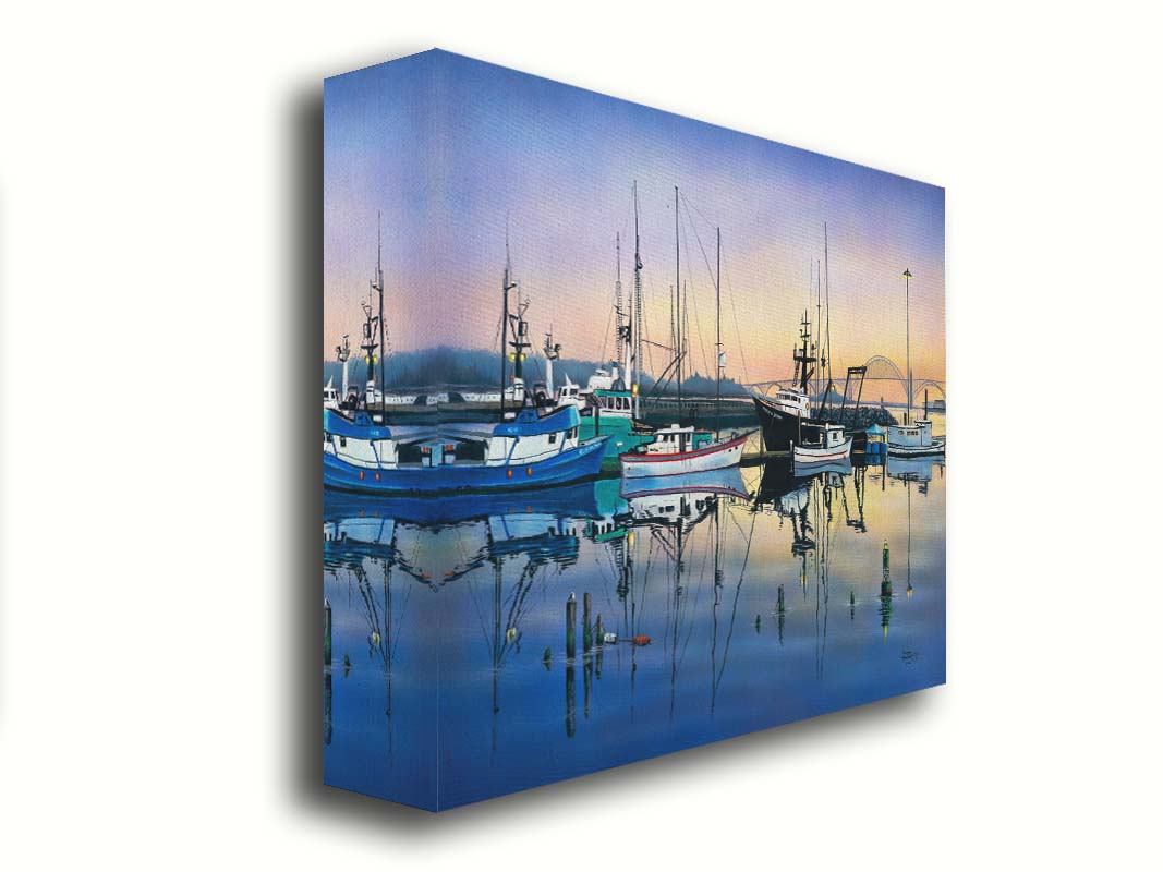 A painting of a harbor with boats docked peacefully by the ocean. Printed on canvas.