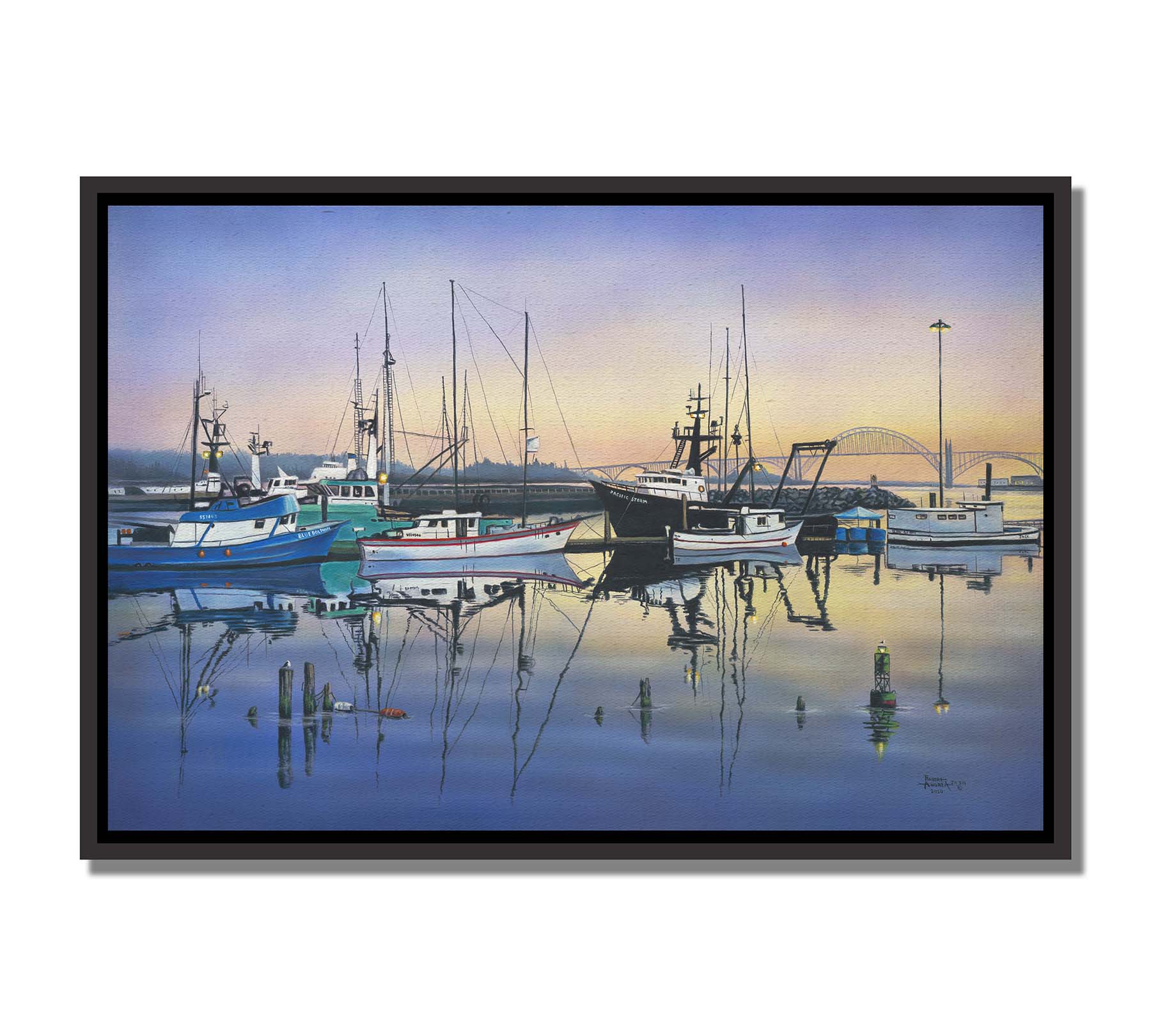 A painting of a harbor with boats docked peacefully by the ocean. Printed on canvas in a float frame.