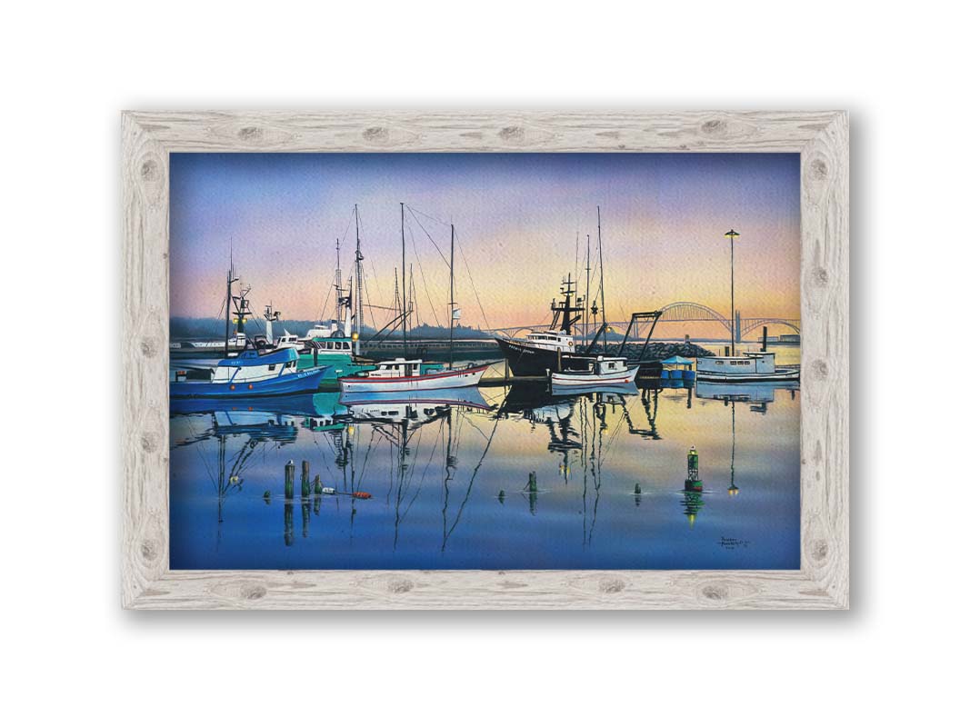 A painting of a harbor with boats docked peacefully by the ocean. Printed on canvas and framed.