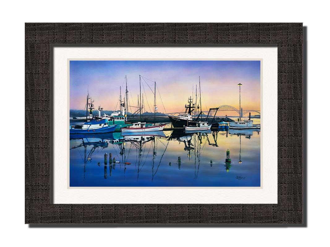 A painting of a harbor with boats docked peacefully by the ocean. Printed on paper, matted, and framed.