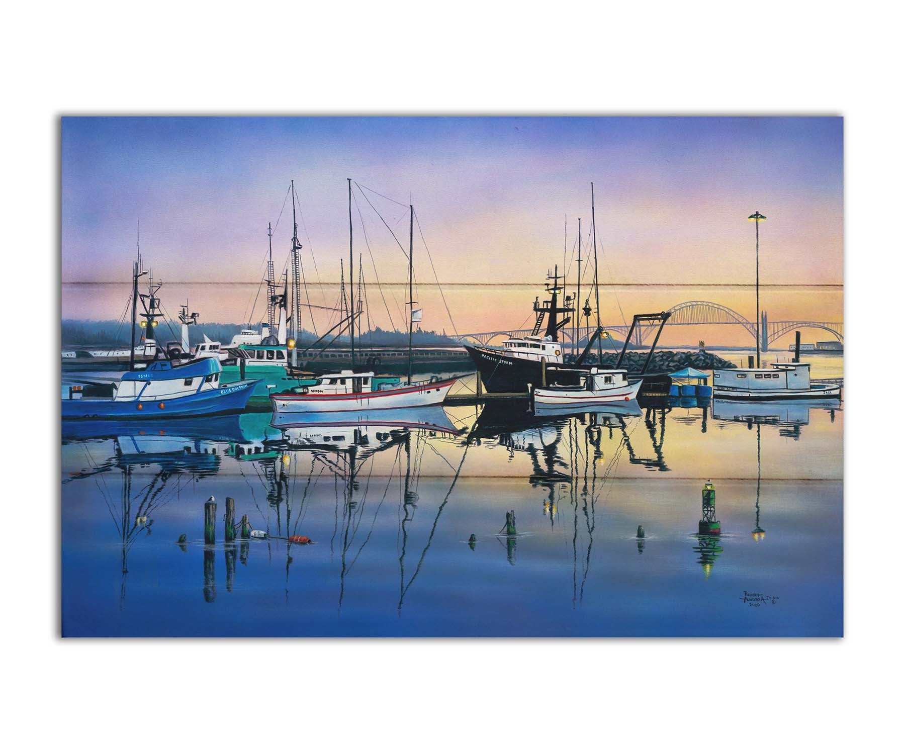 A painting of a harbor with boats docked peacefully by the ocean. Printed on a box board.