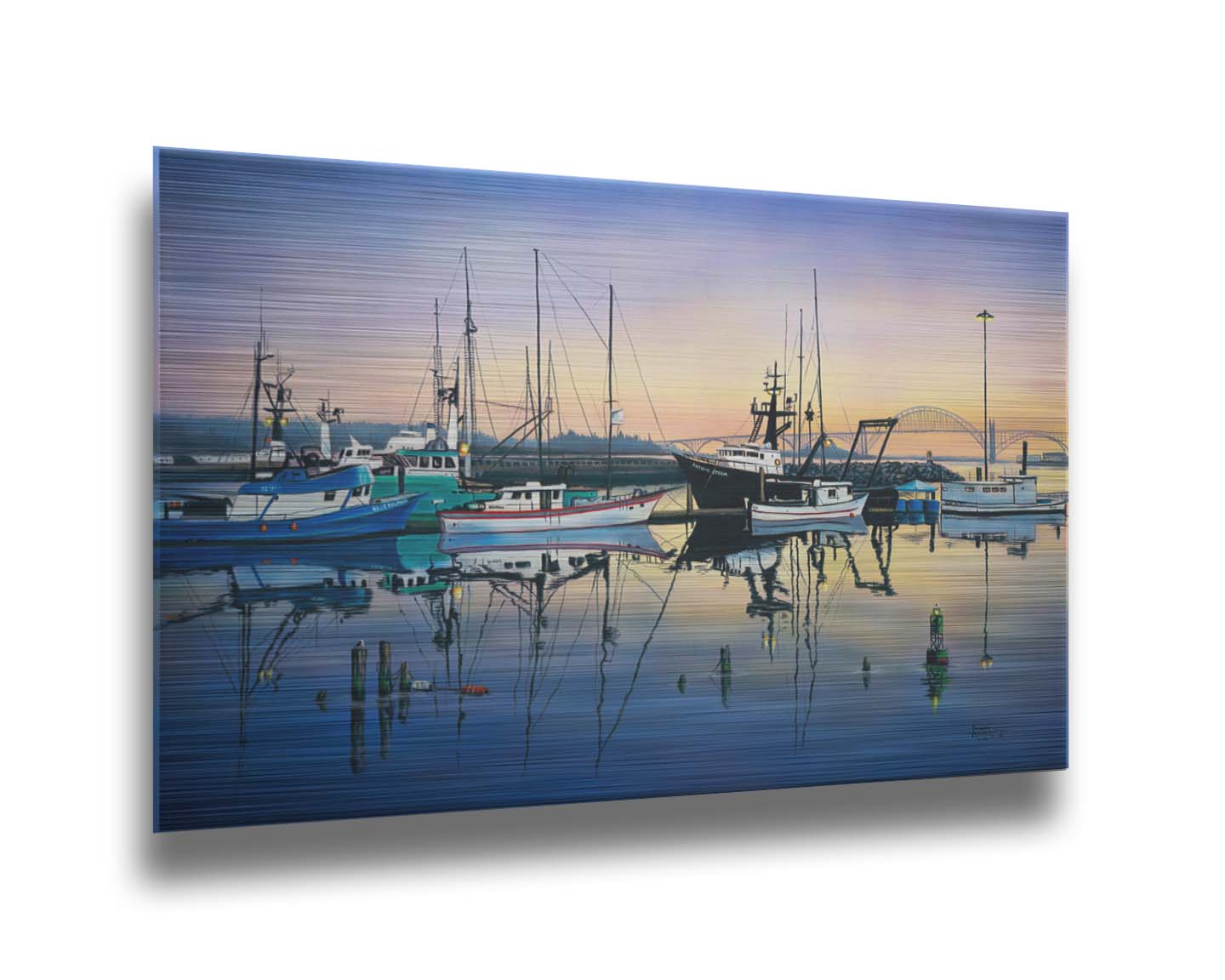 A painting of a harbor with boats docked peacefully by the ocean. Printed on metal.