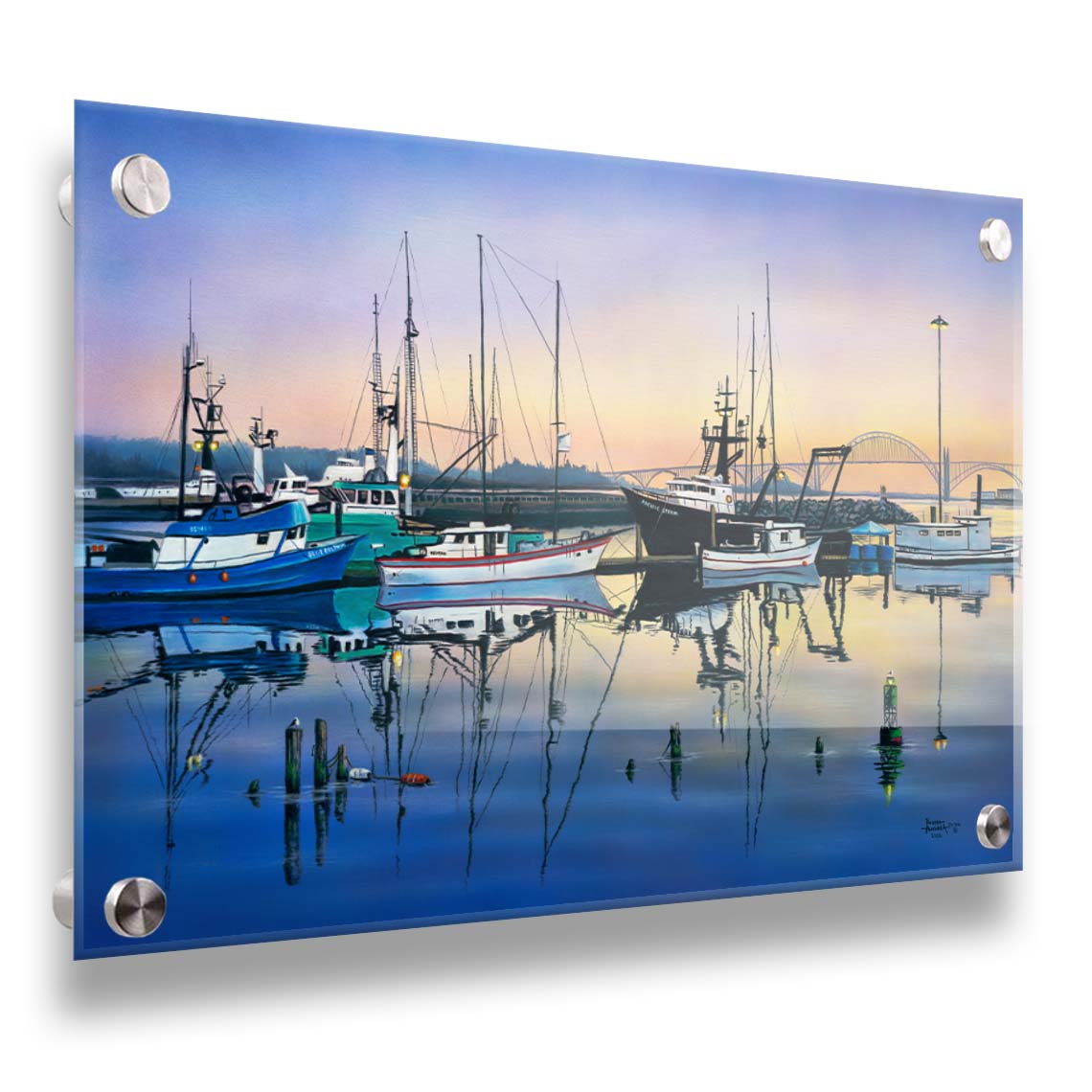 A painting of a harbor with boats docked peacefully by the ocean. Printed on acrylic.