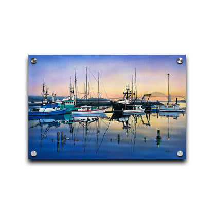 A painting of a harbor with boats docked peacefully by the ocean. Printed on acrylic.