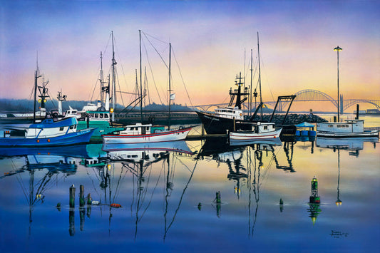 A painting of a harbor with boats docked peacefully by the ocean. 