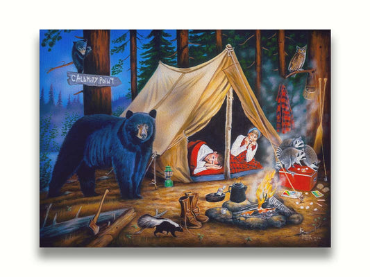 A painting of two people at a campsite. Bears, raccoons, skunks, and owls have all made their way into the camp, to the horror of the campers. Printed on canvas.