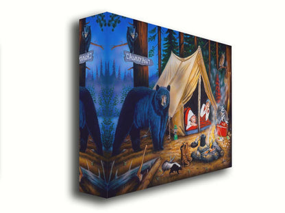 A painting of two people at a campsite. Bears, raccoons, skunks, and owls have all made their way into the camp, to the horror of the campers. Printed on canvas.