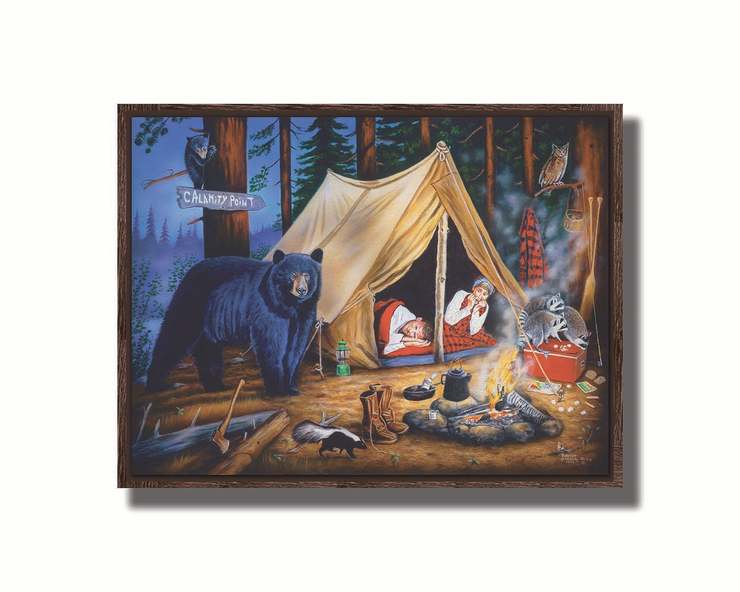 A painting of two people at a campsite. Bears, raccoons, skunks, and owls have all made their way into the camp, to the horror of the campers. Printed on canvas in a float frame.