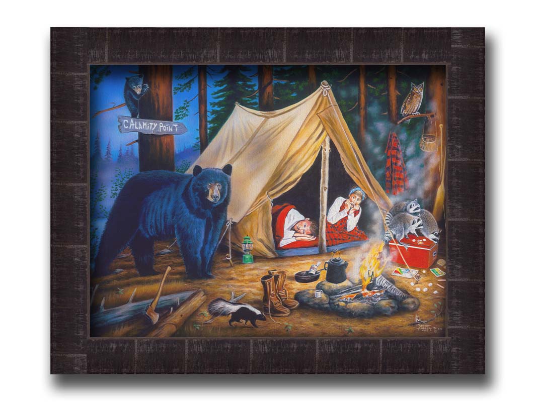 A painting of two people at a campsite. Bears, raccoons, skunks, and owls have all made their way into the camp, to the horror of the campers. Printed on canvas and framed.