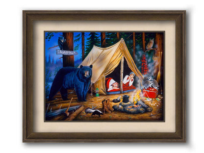 A painting of two people at a campsite. Bears, raccoons, skunks, and owls have all made their way into the camp, to the horror of the campers. Printed on paper, matted, and framed.