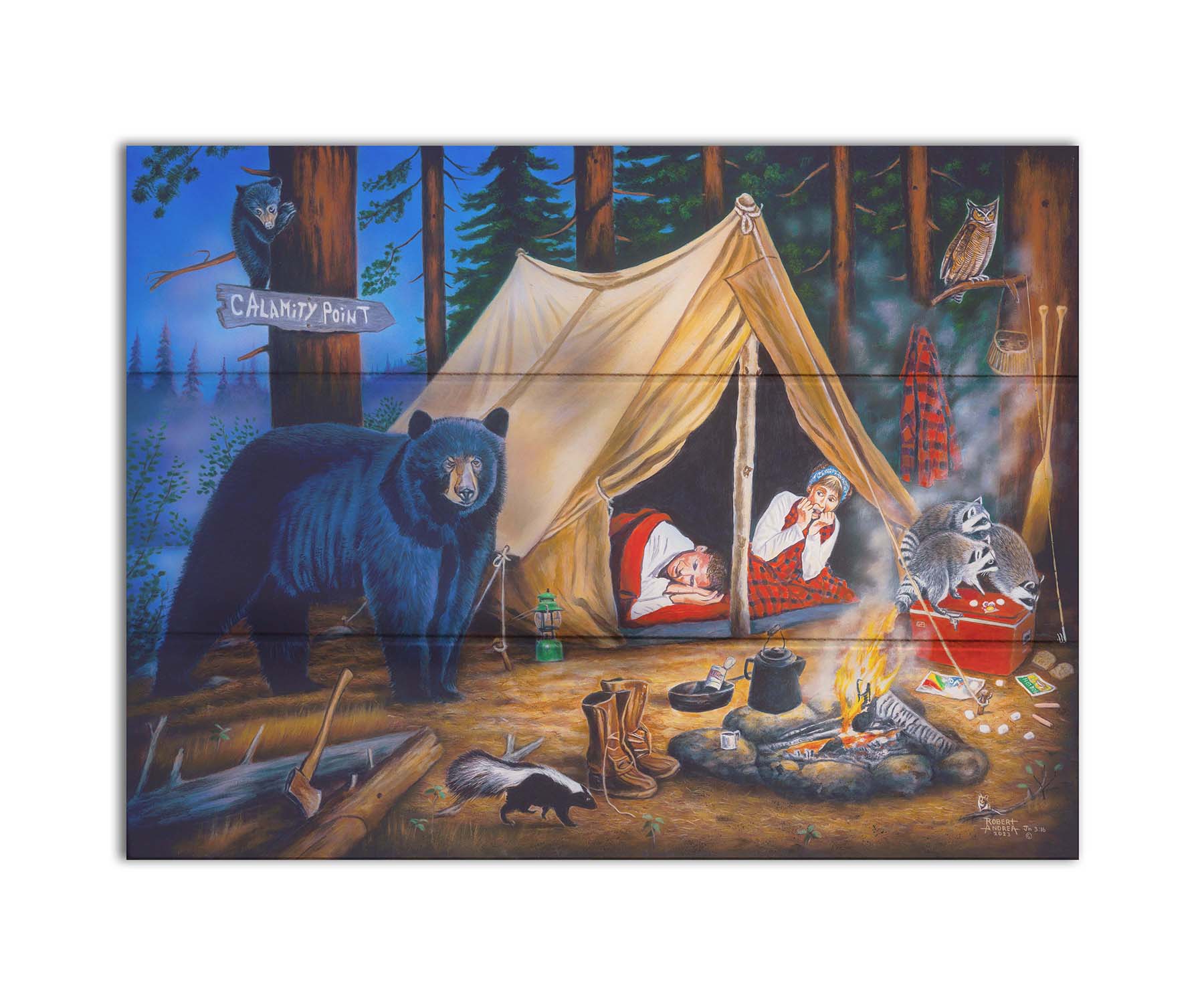 A painting of two people at a campsite. Bears, raccoons, skunks, and owls have all made their way into the camp, to the horror of the campers. Printed on a box board.